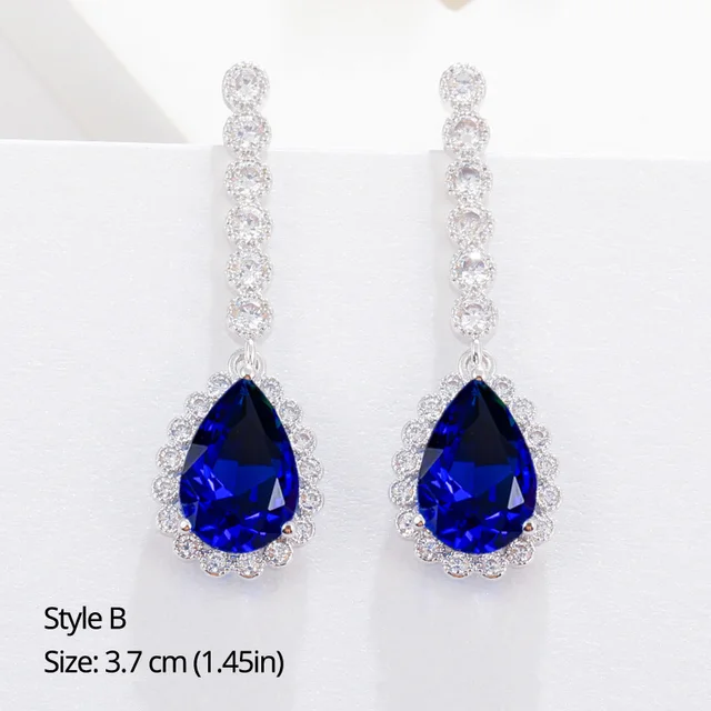 BeaQueen Leaf Flower Teardrop Cubic Zircon Royal Jewellery Big Dark Blue CZ Crystal Long Dangle Wedding Earrings for Women E293 Style B