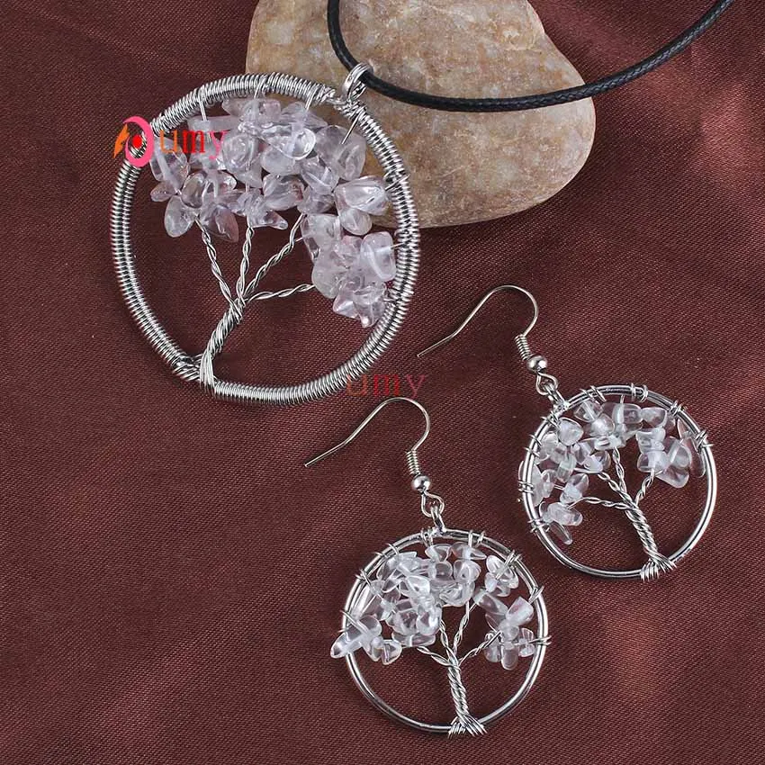 Крафт-бусы посеребренные многостильные кварцевые камни Дерево жизни ручной работы проволочные Серьги Ожерелье Ювелирные наборы для женщин - Окраска металла: Rock Quartz Crystal