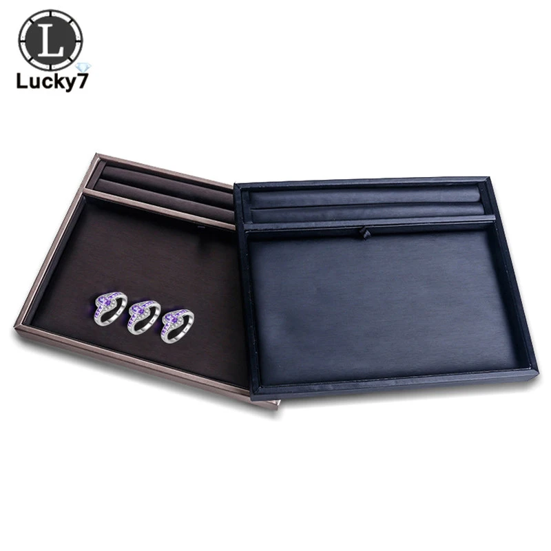 

Luxury Jewelry Display Wire Drawing PU Leather Slots Earrings Rings Tray Organizer Holder Case Box 2 Colors Ring Showed Stand