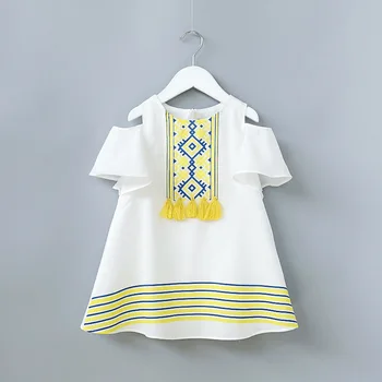 

2018 summer girl dress / cold shoulder dress / girl dress with tassel