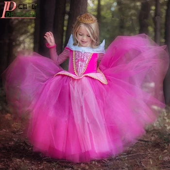 

New 2016 Princess Dress Girls Sleeping Beauty Dress Princess Aurora Pink Kids Dress for Party Wedding Christmas Costume Vestidos
