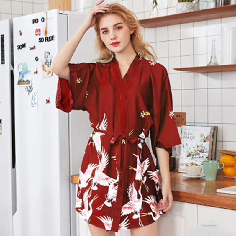 

Simulation Silk Print Half Sleeve Robes Women Casual V-neck Belts Loose Soft Underwear Ladies Simple Robes Plus Size New Summer