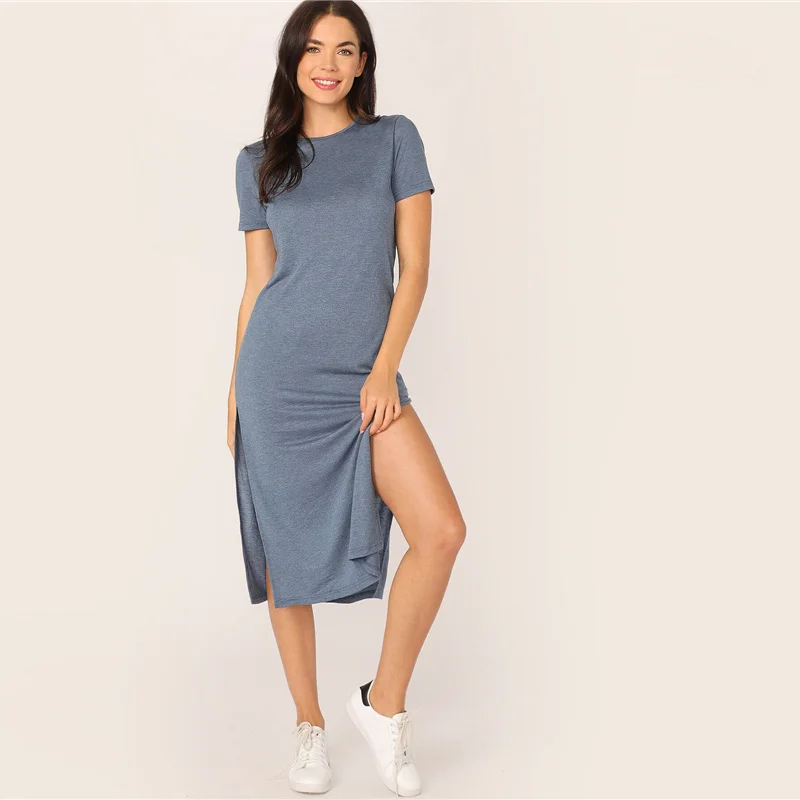 SweatyRocks Solid Split Side Tee Dress Summer Streetwear Blue Dresses Women Casual Short Sleeve Long Dress - Color: Blue