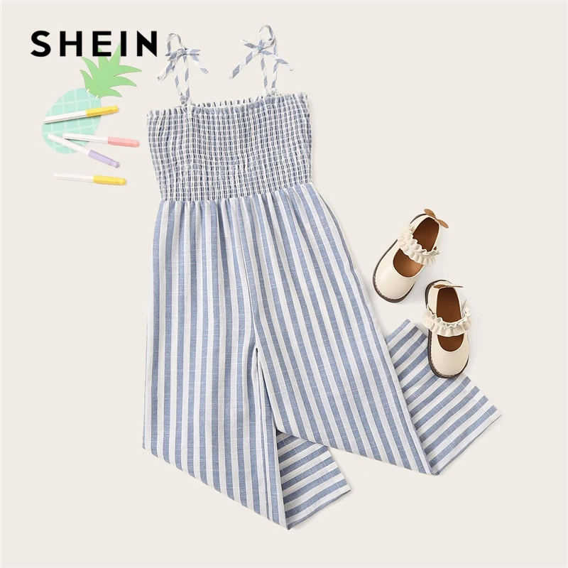 

SHEIN Kiddie Girls Blue Tie Strap Shirred Striped Boho Jumpsuit 2019 Summer Holiday Sleeveless High Waist Wide Leg Jumpsuits