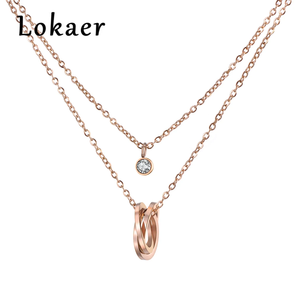 

Lokaer 2 Layers Stainless Steel Necklace Twist Laps & CZ Crystal Pendant Rose Gold Color Chain Fashion Gift N18282