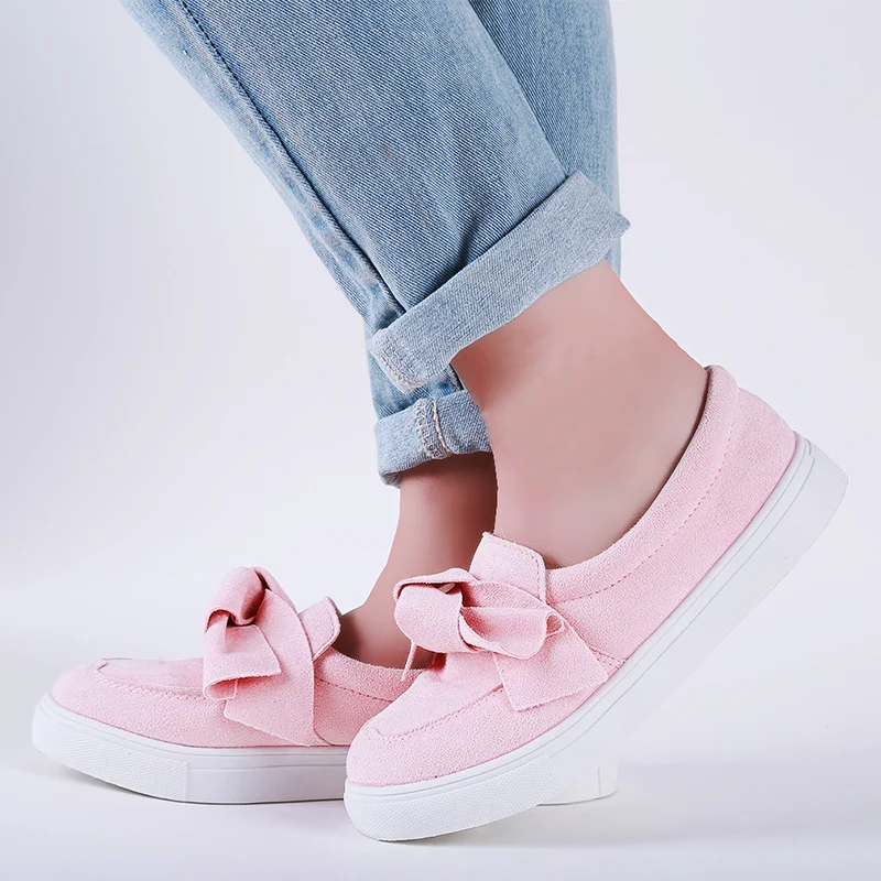 

2019 Spring Summer Women Loafers Plus Size Platform Slip On Bowtie Flat Shoes Suede Solid Sweet Shoes Flat Female Flock Footwear