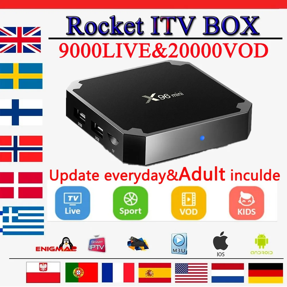 

Rocket iptv+x96 mini android tv box 1g8g&2g16g+9000live&20000VOD Sweden France Spain Dutch Albania Europe iptv box for smart tv
