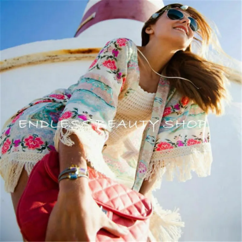 

Fashion Hot Sale New Women Kimono Blouses Boho Floral Print Shirts Cardigan Tassels Beachwear Cover-Ups