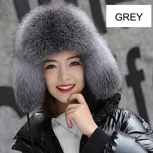 gray Шапки-бомберы из натурального Лисьего меха, зимние теплые женские пушистые шапки-ушанки из натурального Лисьего меха, роскошные качественные шапки из натурального Лисьего меха для русской леди - Цвет: gray