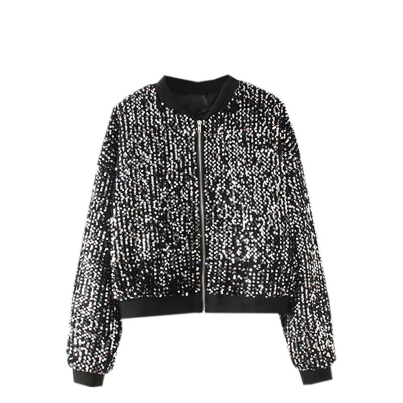 low cost  2018 Autumn Women Chic Sequined Jacket Coats Pockets Long Sleeve Zipper Design Outerwear Vintage Fe