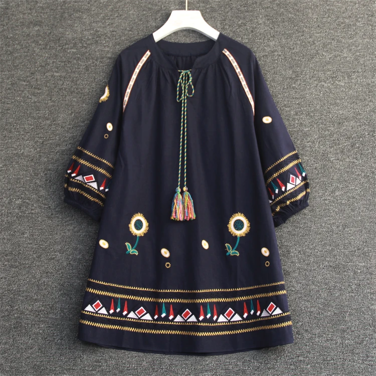 Осенние женские элегантные хлопковые блузки с цветочной вышивкой Boho O-Nek винтажные Женские рубашки больших размеров женская верхняя блуза
