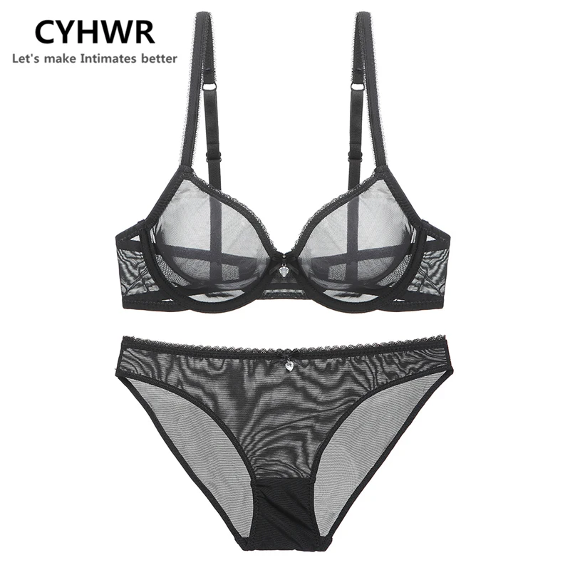 CYHWR Fashion Transparent Ultra-thin Lingerie Underwear Solid Lace See Through Intimates Women Bra set