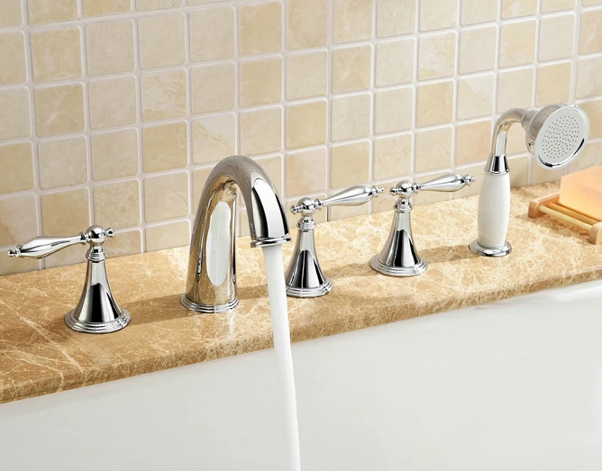 Chrome Finish Bathroom 5PCS Tub Faucet Ceramic Handshower Mixer Tap