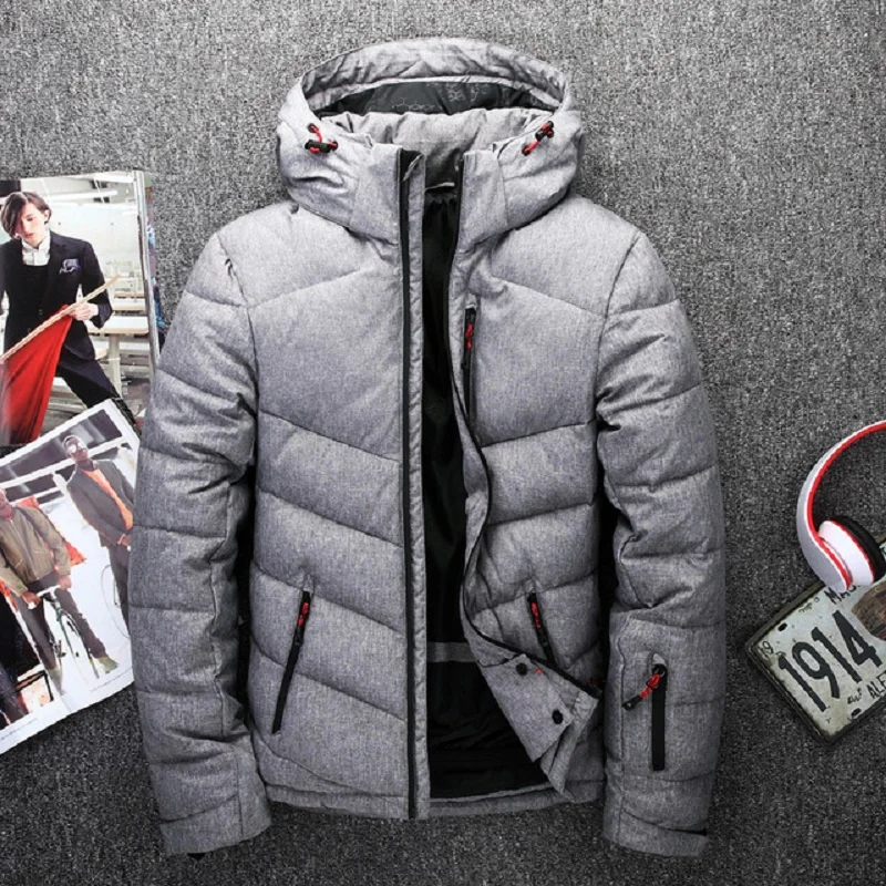 

Casual Slim Men's Thick Down Jacket 2019 Winter Windproof Warm Parka Thick Hooded Male Brand Clothing White Duck Down Coat