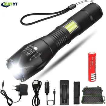 

4000LM Powerful LED flashlight side COB lamp design T6 Zoomable torch 4 light modes for 18650 battery + charger, for camping