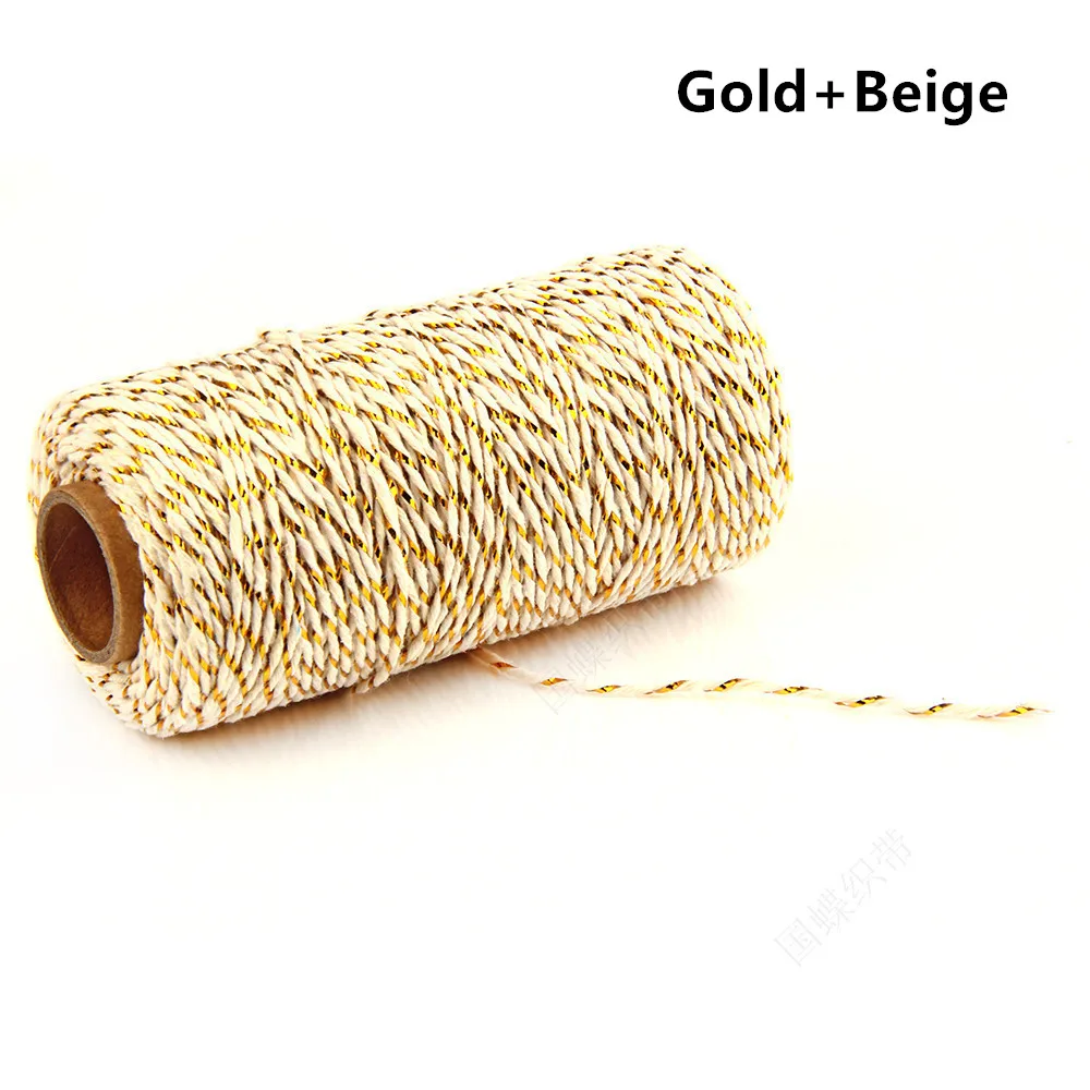 100 м, 1 рулон, 2 мм, двухцветная хлопковая веревка, ручная работа, Плетение шнуров, домашние вечерние баннеры, декоративные банки, Подарочный шнур для обмотки - Цвет: gold beige