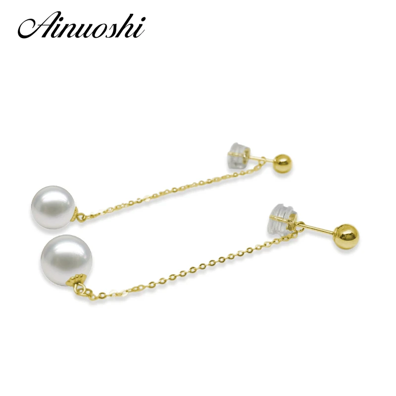 AINUOSHI Princess 18K Solid Yellow Gold Cross Chain Drop Earrings Natural Freshwater Pearl 7.5-8mm Round Pearl Drop Earrings AINUOSHI Princess 18K Solid Yellow Gold Cross Chain Drop Earrings Natural Freshwater Pearl 7.5-8mm Round Pearl Drop Earrings