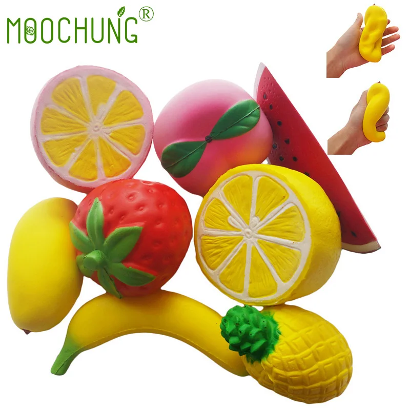 

Fake Artificial Squishies Fruit Slow Rising Peach Banana Watermelon Pineapple Strawberry lemon Mango Squishy Stress Relief Toys