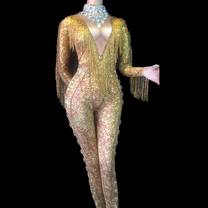 Женская одежда для ночного клуба на день рождения, танцор певец, шикарные костюмы, сексуальная сцена, Золотая кисточка, большой стеклянный сверкающий боди с кристаллами