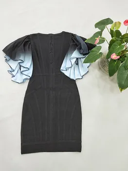 

High Quality Sexy Women 2 Colors O-Neck Petal Sleeve Rayon Bandage Elegant Homecoming Elegant Party Dress