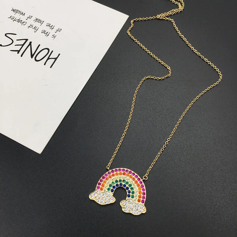 

Luxury Brand Gold Color Crystal Rainbow Pendant Necklace Multicolor Zircon CZ Women Monaco ARC EN CIEL Jewelry Wedding Gift