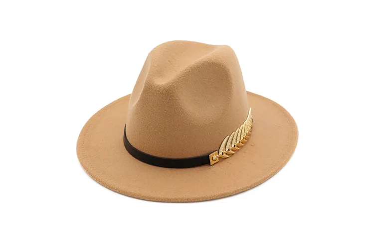 QBHAT Trend Men Women Wool Felt Panama Hat Fedora Caps with Metal Leaves Leather Band Jazz Trilby cap white green yellow hats felt fedora hat