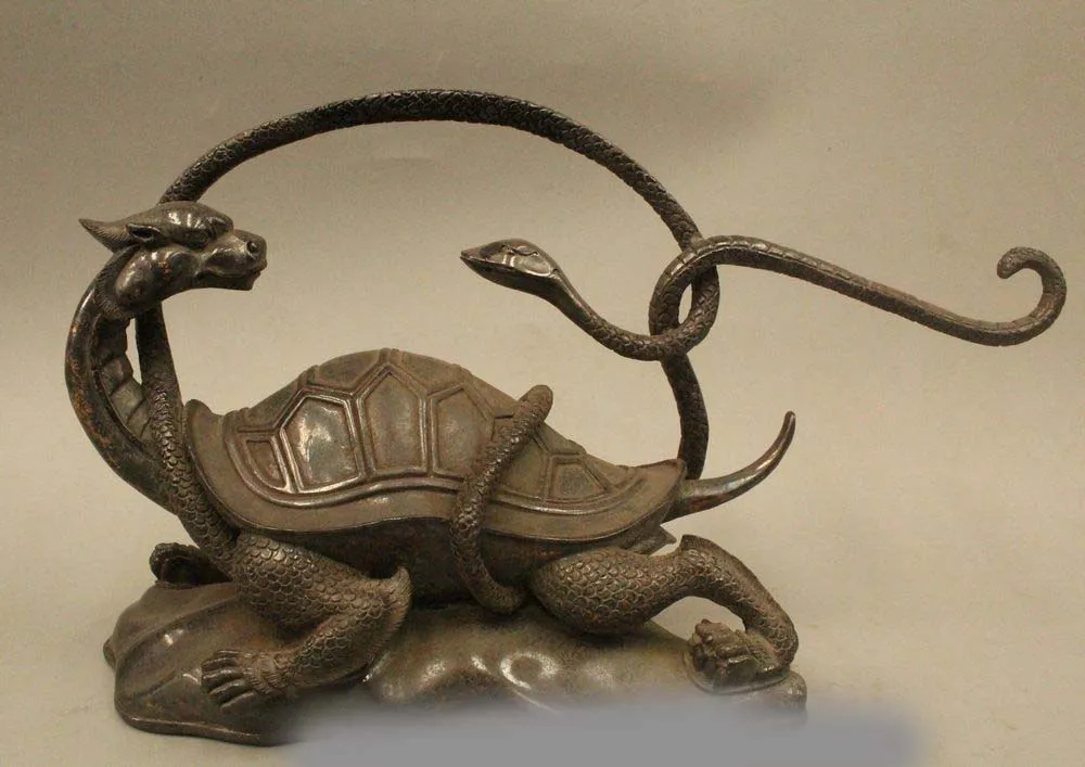 

8" Chinese Feng Shui Bronze Snake tortoise Turtle basaltic Statue Sculpture