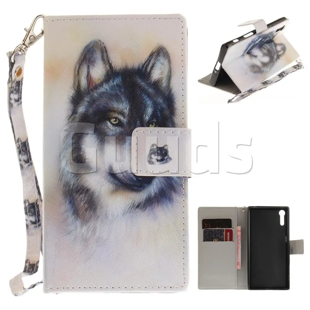 Snow Wolf Hand Strap Leather Wallet Case for Sony Xperia XZ