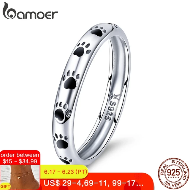 BAMOER 925 Sterling Silver Stackable Dog Cat Footprints Finger Rings for Women Wedding Ring Jewelry Valentine's Day GIFT SCR445