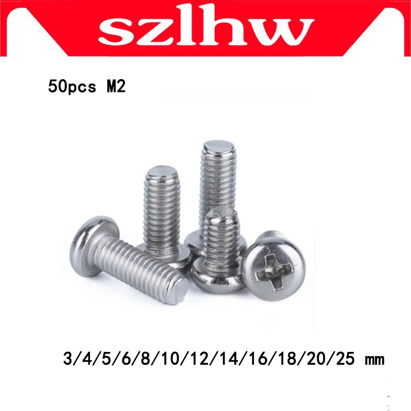 

High quality 50pcs M2 Stainless Steel Round pan head machine screw M2 * 3/4/5/6/8/10/12/14/16/18/20 mm DIN7985