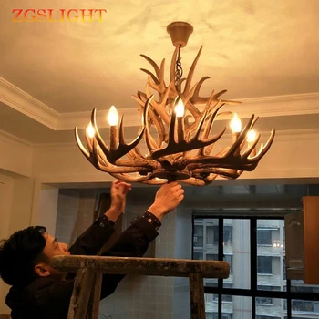 

LED Chandelier Ceiling Lamp Europe Country Candle Antler Lights Retro Resin Deer Horn Lighting Home Kitchen Decor Light Fixtures