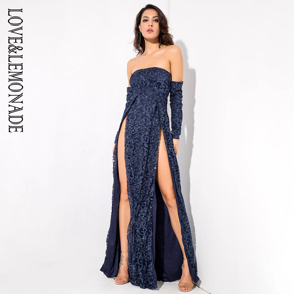 

Love&Lemonade Navy Long Sleeve Split Material Long Dress LM81038