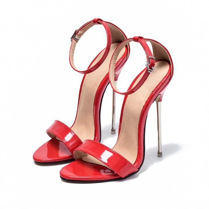 Sandalias de charol rojas con tacón de Metal para mujer, zapatos de vestir de tacón superalto con envoltura en el tobillo, sexys, para Club nocturno| Sandalias de mujer| -