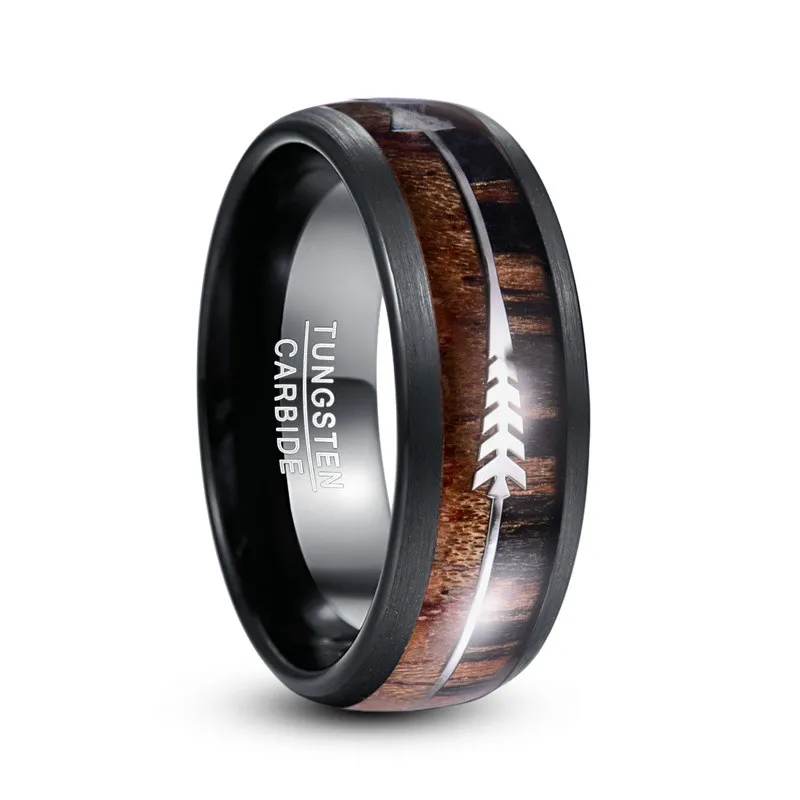 

BONLAVIE Tungsten Carbide Rings for Men 8 MM Wide Black Walnut Wood Silver Arrow Dome Wedding Party Jewelry Mens Ring