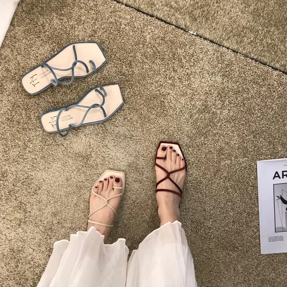 

square toe cross band summer ladies slides luxury flock clip toe hollow women shoes lazy soft sole 2-ways sandals cozy flipflops