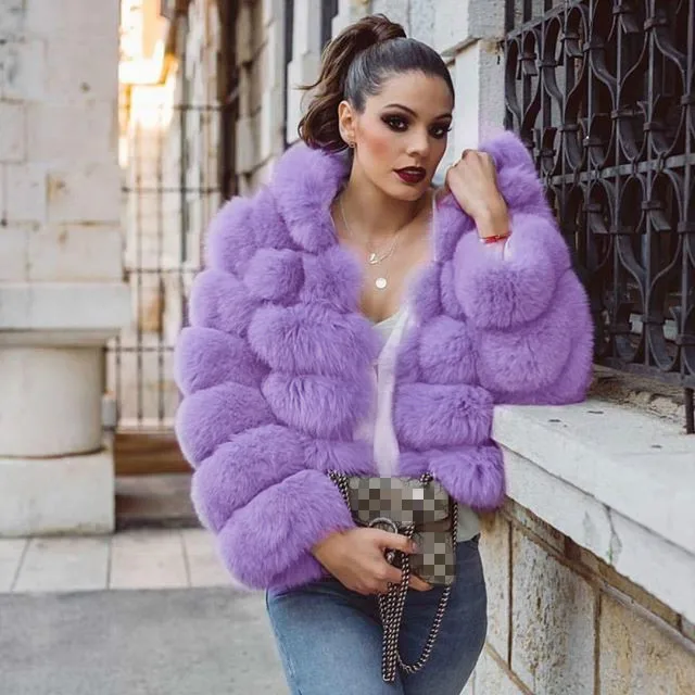 Elegant Purple Pink Fluffy Hoodie Faux Fur Coat Women