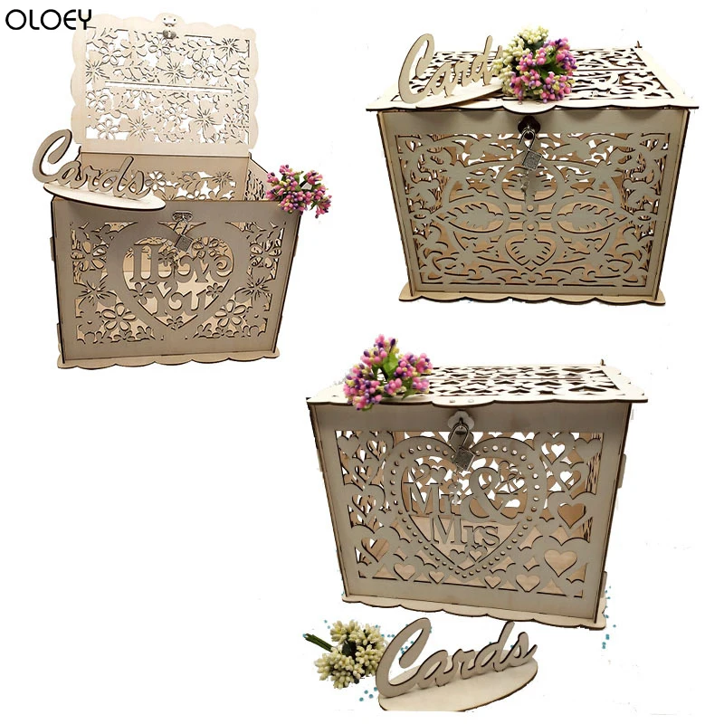 

2019 New Wooden Box Wedding Supplies DIY Couple Deer Bird Flower Pattern Grid Business Card Wooden Box Wedding Favors and Gifts