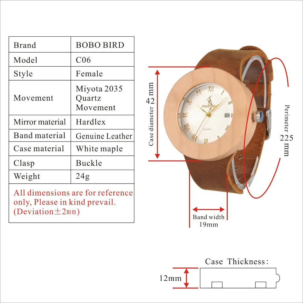 BOBO часы из натурального кленового дерева для мужчин и женщин, Япония, мужские часы t 2035, деревянные наручные часы, мужские часы с кожаным ремешком, C-C06