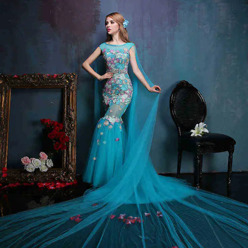 2016 fantasía primavera verano azul mujeres se de sirena Appliques Lace Up vestido fiesta Vestidos tallas grandes soporte personalizado|dress plate|dress graydress for summer wear -