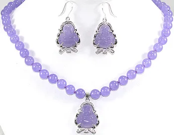 

Prett Lovely Women's Wedding noblest 17 inch 10mm purple gem necklace + Buddha pendant & earrings set