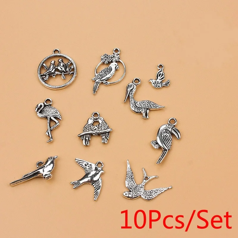 

10 Pcs / Set of Tibetan Silver Alloy Bird Series Hybrid Pendant DIY Manual Basic Accessories
