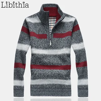 

Striped Pattern Thick Pullover Sweater Men Winter Loose Pullover Sueter M-3XL Zipper Casual Clothes Male Wine Red Blue Grey K413