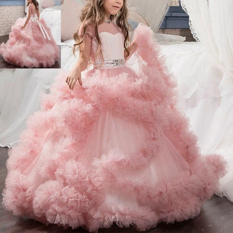 Flower Girl Princess Dress Lace Trailing Gown for Kids Party Wedding Bridesmaid