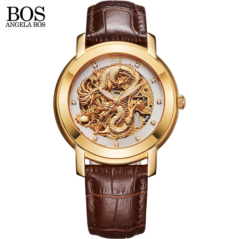 

ANGELA BOS Men's Gold Watch Luxury Chinese Dragon 3d Carving Mechanical Automatic Skeleton Watch Men Stainless Steel Luminous