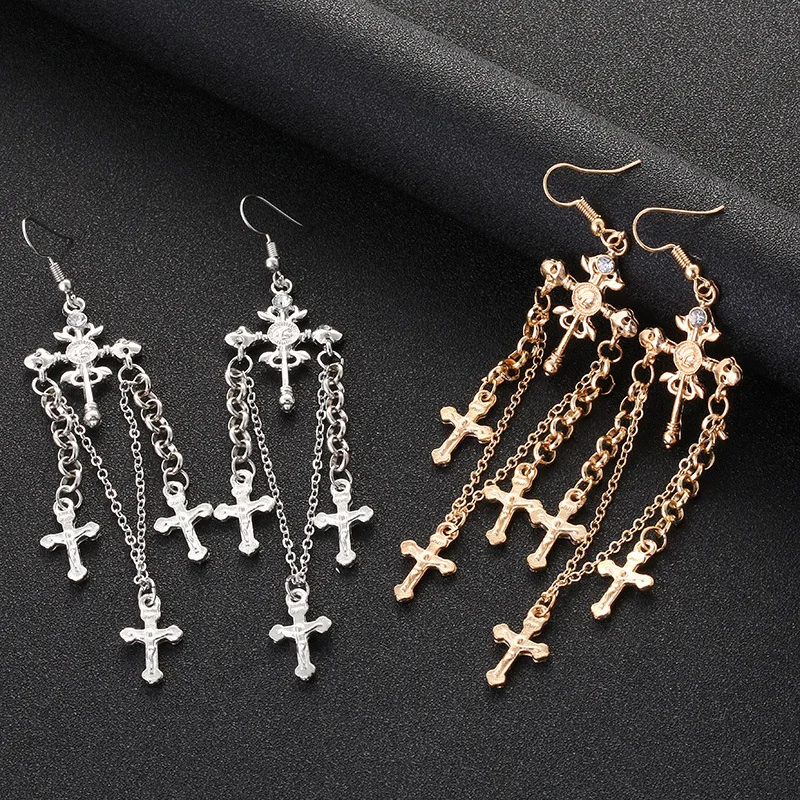 

New Fashion Women Costume Jewelry Drop Earrings Tassel Cross Vintage Silver Gold-Color For Women Crosses Earring Pendientes