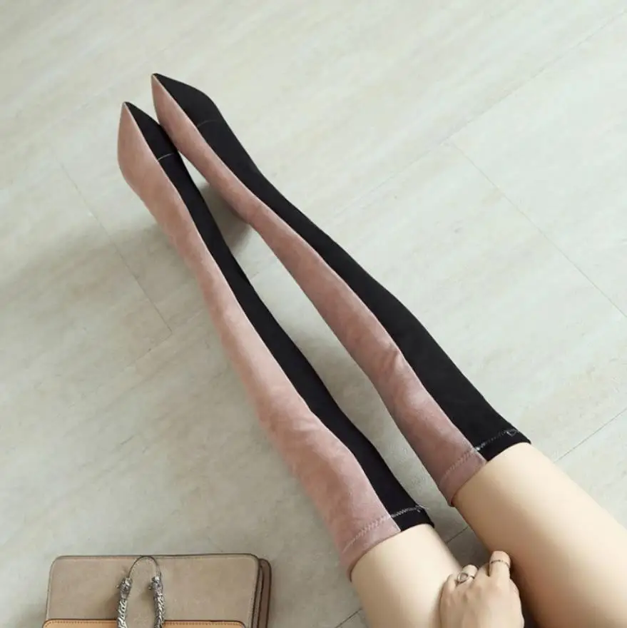 

Autumn and winter new leather overknee thick heels stretch collage high heels