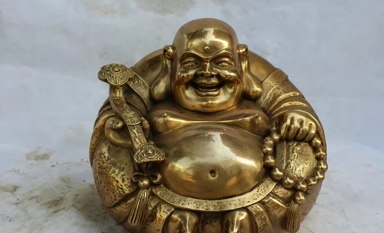 

JP S62 10" Chinese Buddhism Brass Ru Yi Happy Laugh Maitreya Buddha Sculpture Statue