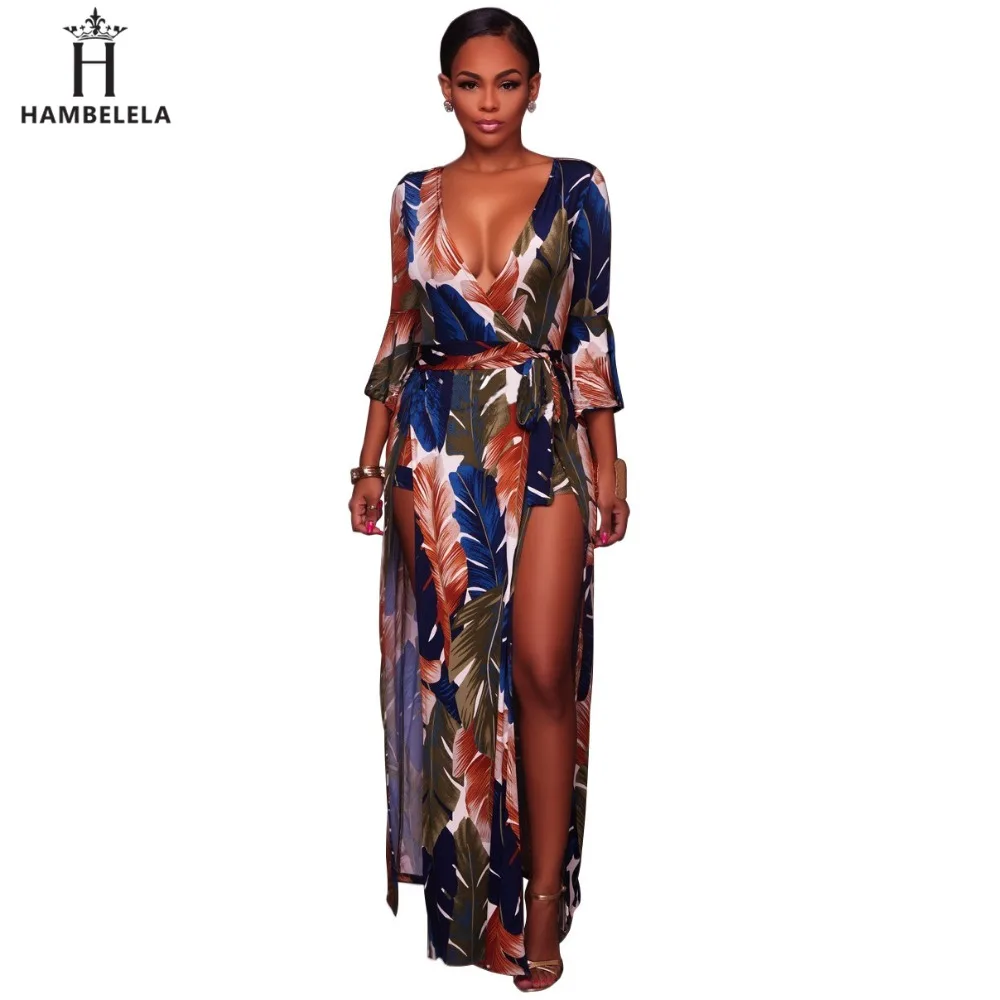 Hambelela New Arrival Women Dress Party Body Combinaison Sexy Floral Prints Split Long Dress Romper Shorts Autumn Maxi Dress (2)