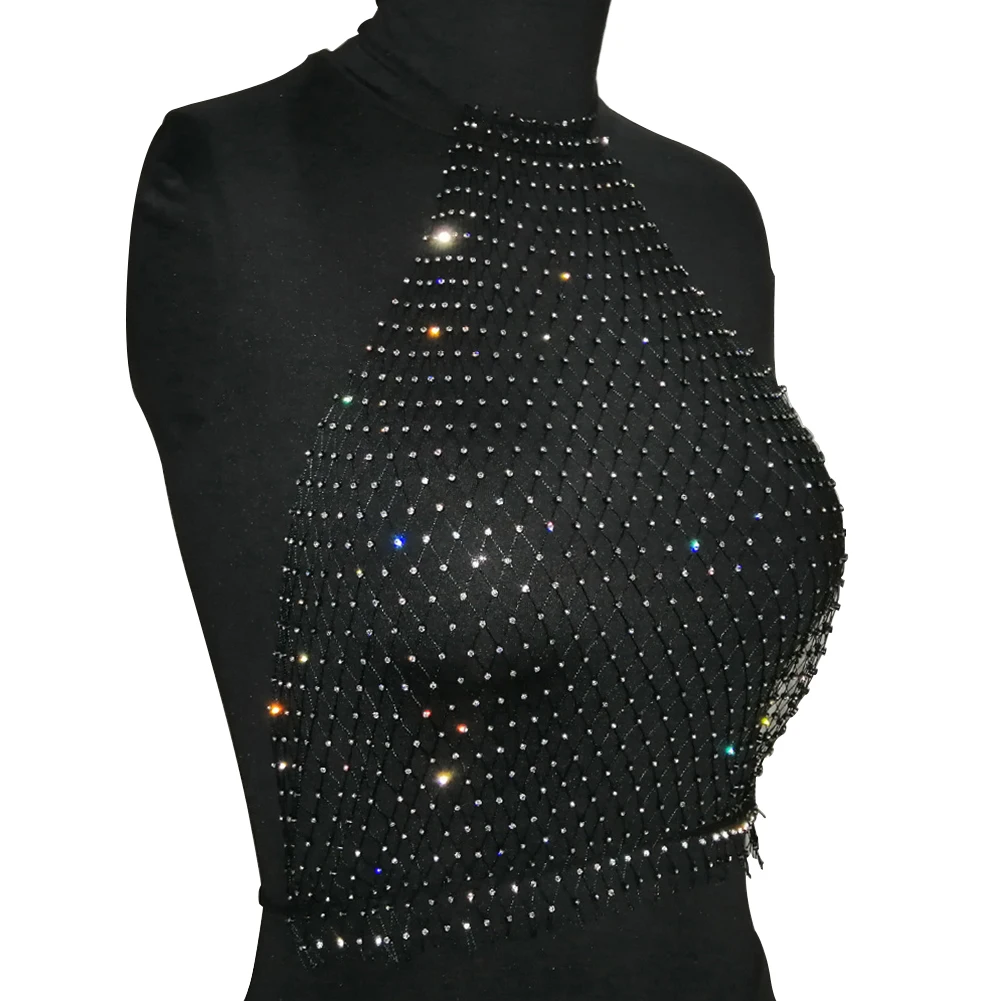 

Two Pieces Swim Shiny Beautiful Women Cover Up Beach Halterneck Fashion Party Summer Fishnet Mesh Rhinestone Travel Sexy
