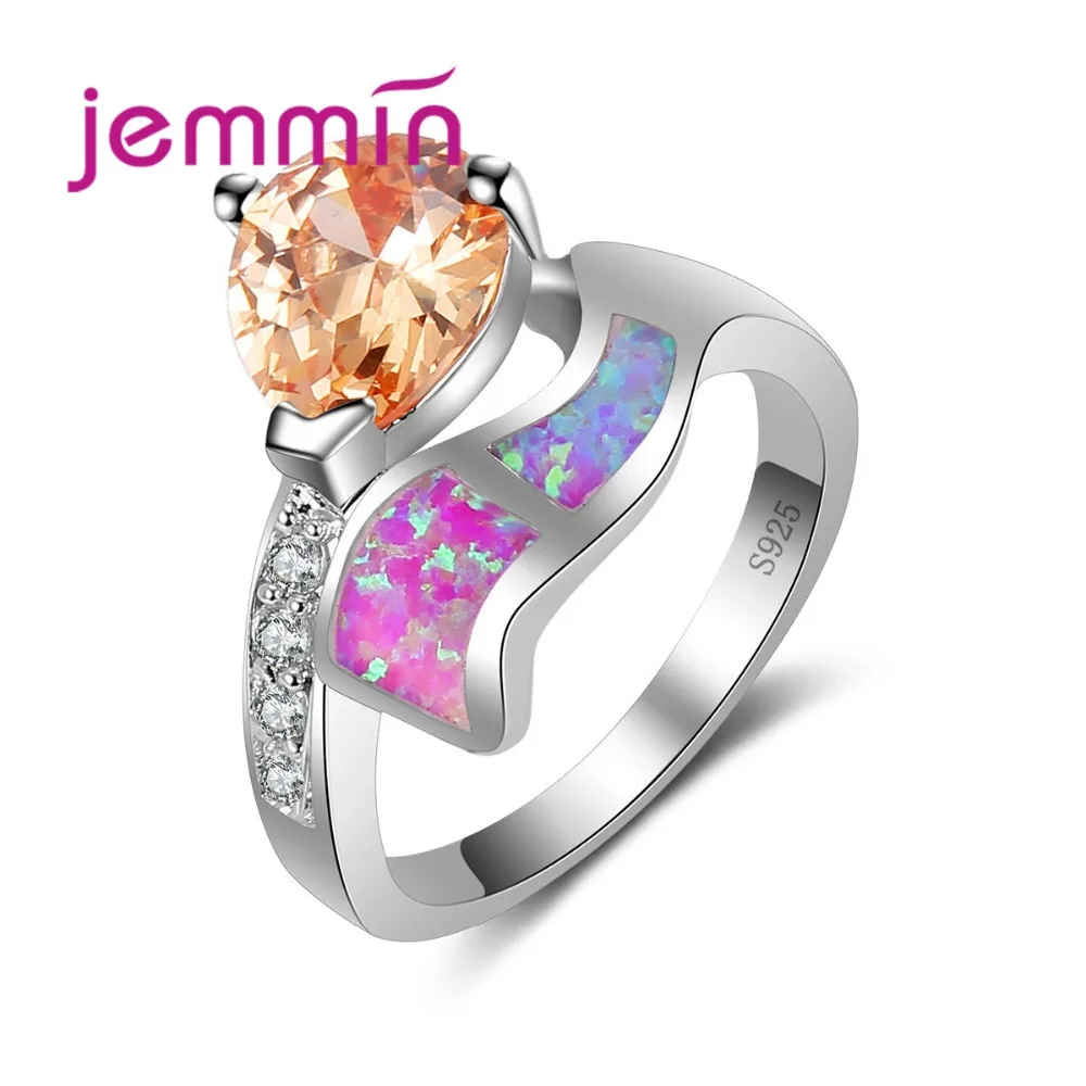 

925 Sterling Silver Crystal Cut Hot Pink Fire Opal Ring Wedding Engagement Promise Statement Anniversary Jewelry Rings